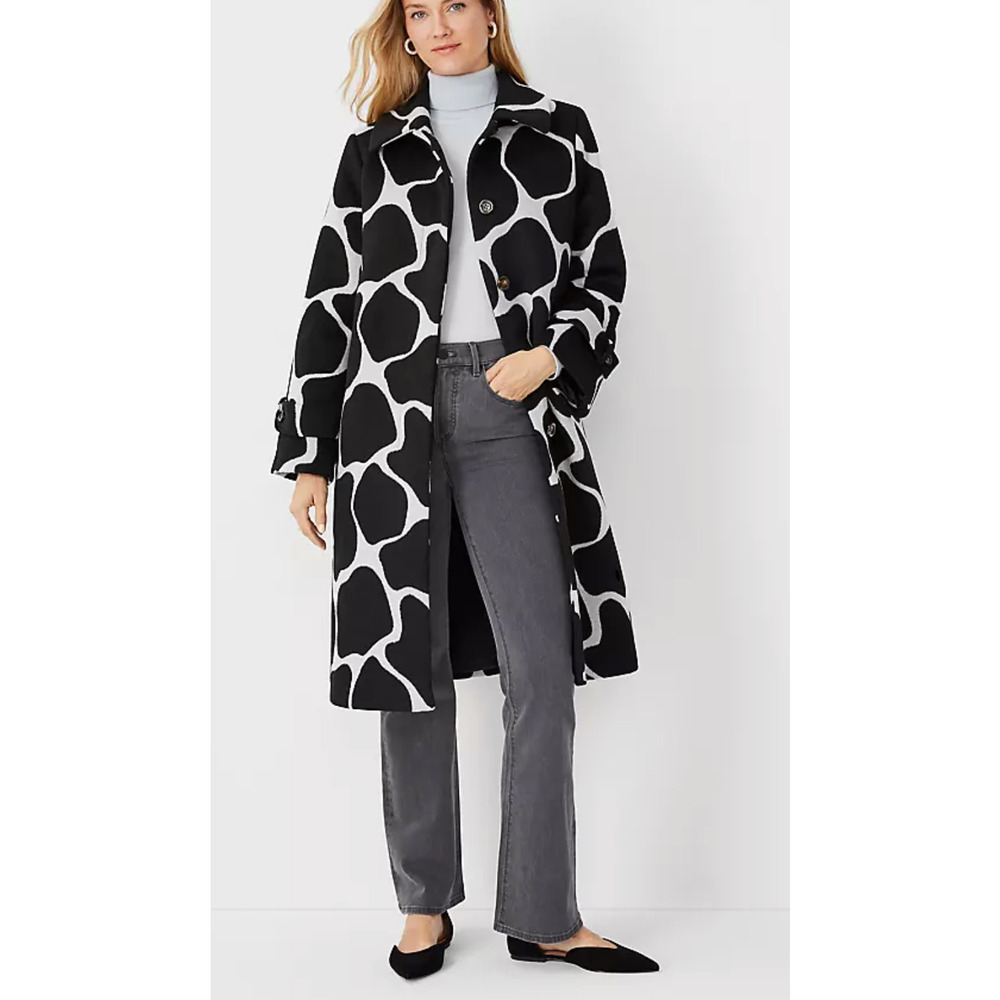 NEW ANN TAYLOR BLACK WHITE GIRAFFE PRINT MAC WOOL BLEND COAT SZ L